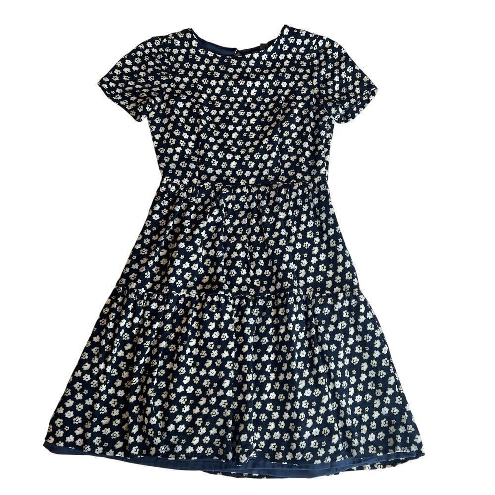 J Crew Size 0 Floral Navy Blue Tiered Dress, Style A1380, Short Sleeve, Midi